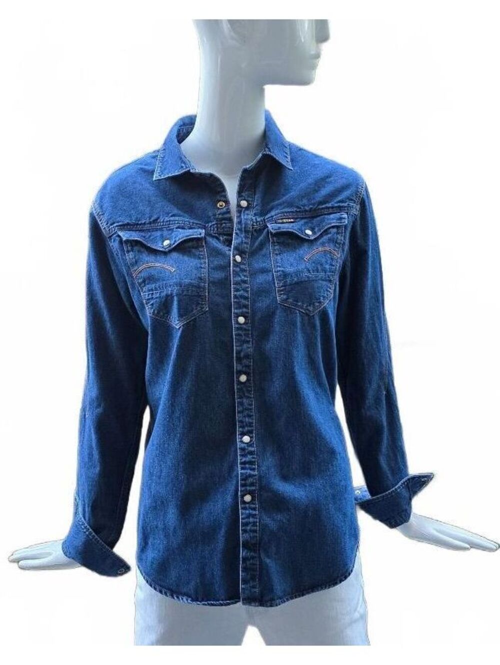 G-Star RAW Women Slim Western Denim Shirt Size M Medium Blue Long Sleeve Snap